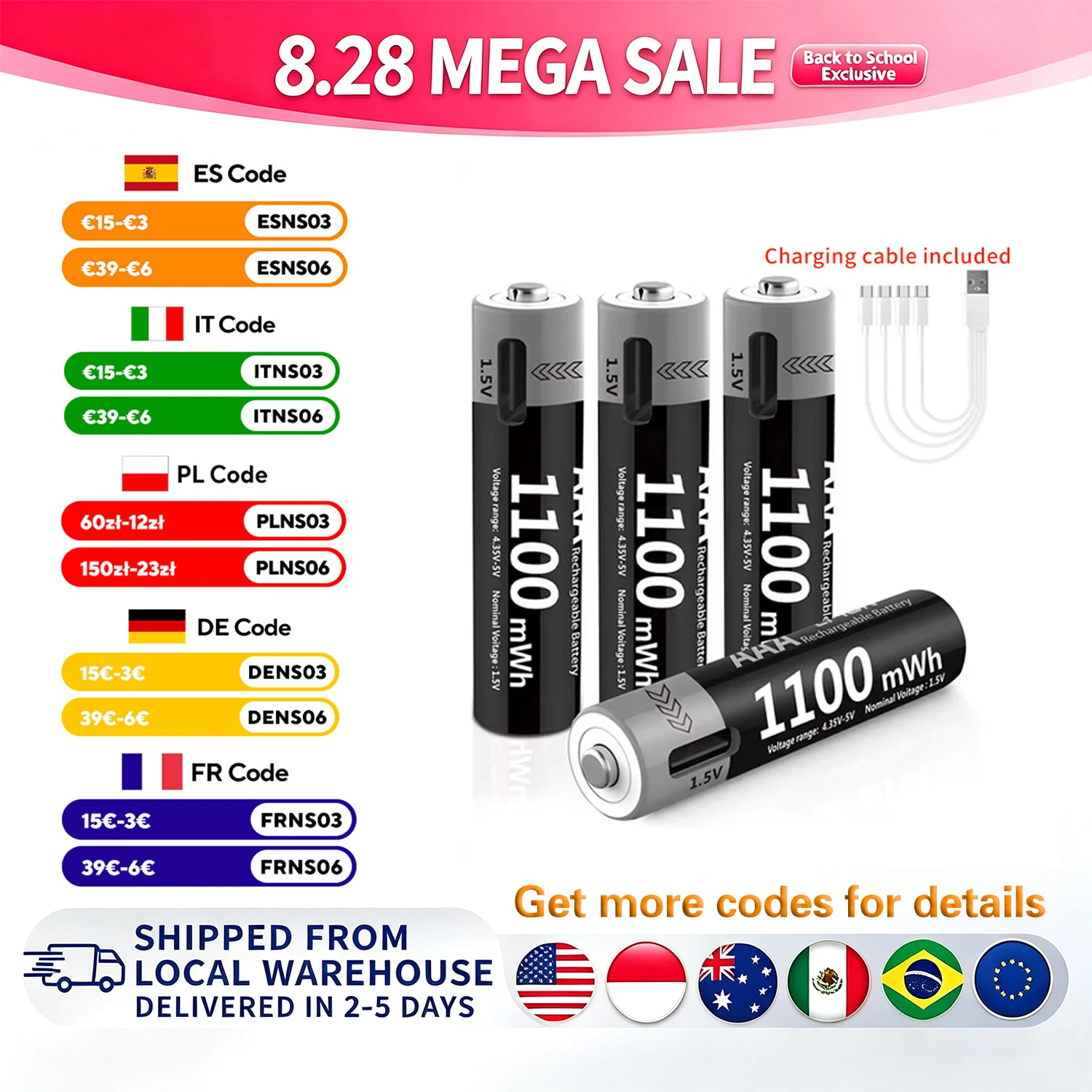Kuugro 1,5 V AAA USB Li-Ionen-Akku Aaa 1,5 V 1100 mWh Lithium-Batterien mit 4-in-1-Kabel für Spielzeugkamera-Taschenlampe