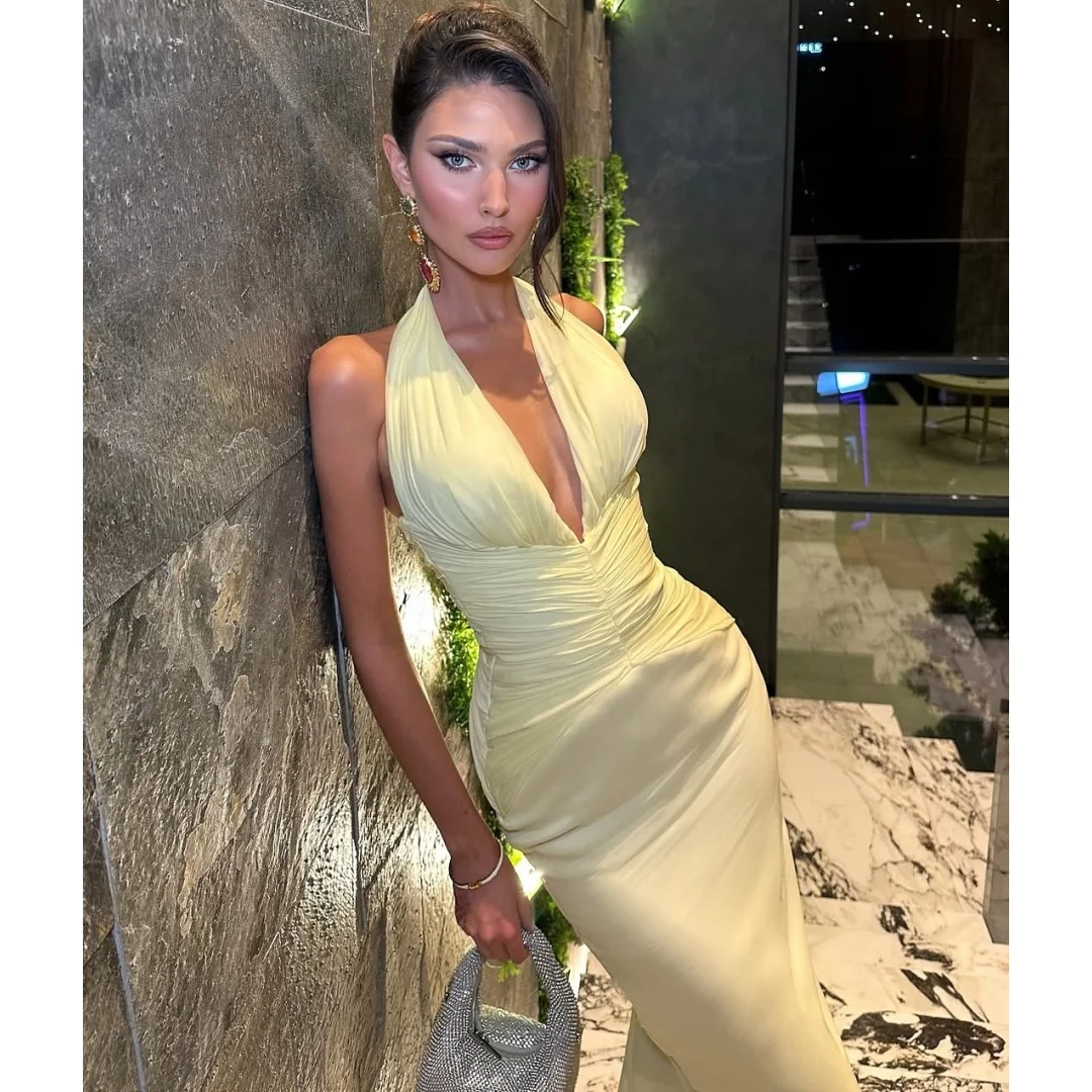 

Mermaid Evening Dresses Woman Halter Neck vestidos de noche Cut Out Pleat Prom Dress Wedding Party Gown Customized