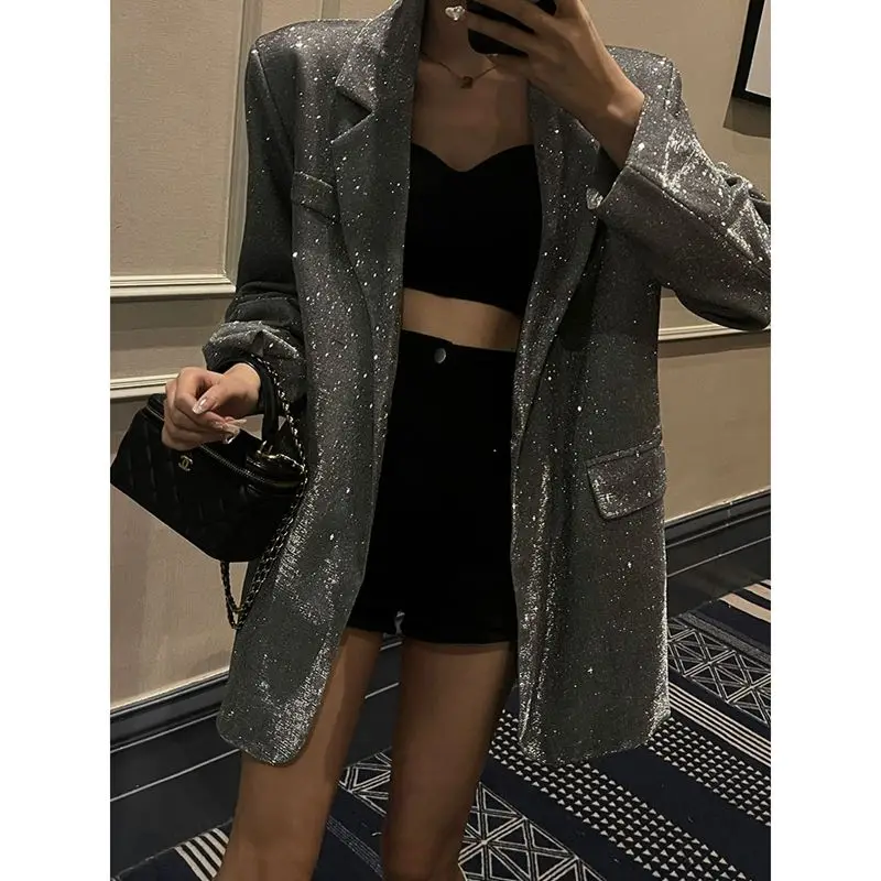 Luxury Shiny Sequin Chic Blazer Women Coats Long Sleeve Pockets Single Button Autumn Outerwear Party Oversized Jacket Design Top