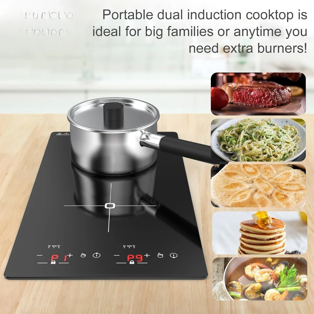 Cocina eléctrica de inducción doble, pantalla táctil LED de 2300W, configuración de 9 niveles, bloqueo de seguridad para niños, placa de cocina de inducción portátil