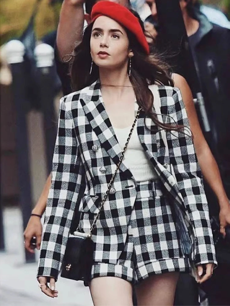 

Classic Retro Black White Plaid Double Breasted Suit Jacket And Shorts Set Women's Fashionable Spring Autumn Naturaleye Polye...