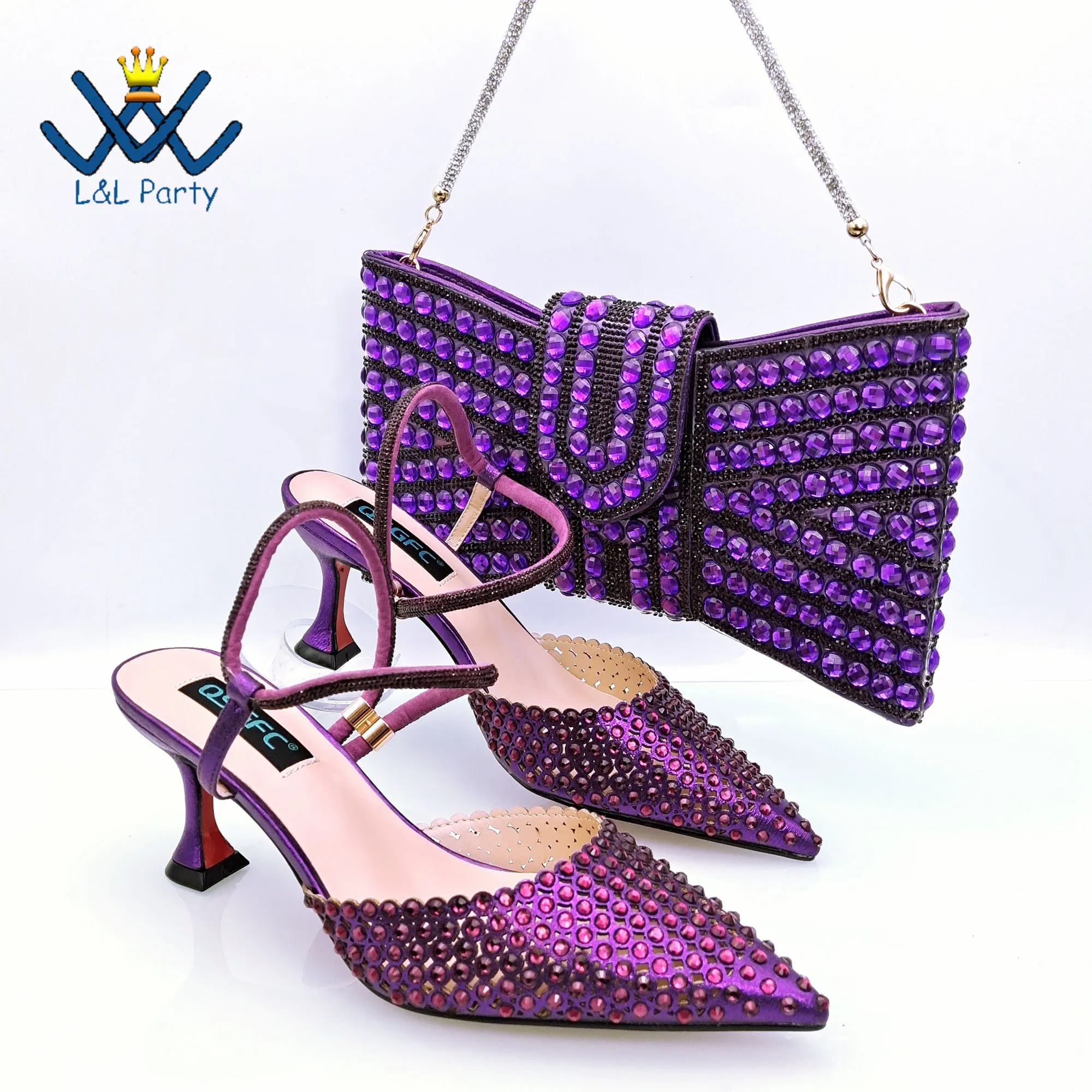 

Summer Special Design Slingback Pumps Match Hand Bag in Purple Color Think Heels African High Quality Pumps for Wedding