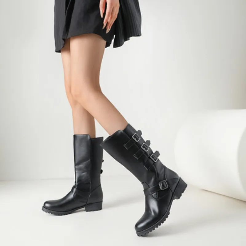 Yellow White Black Women Fashion Mid Calf Boots Round Toe Thick Heel Slip On Belt Buckles Plus Size  34-47 48 49 50