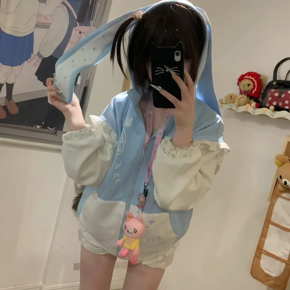 Kawaii Bunny Ear Hooded Zip‑Up Jacket Women Cartoon Girl Print Polka Dot Ruffle Long Sleeve Loose Harajuku Hoodie Coat