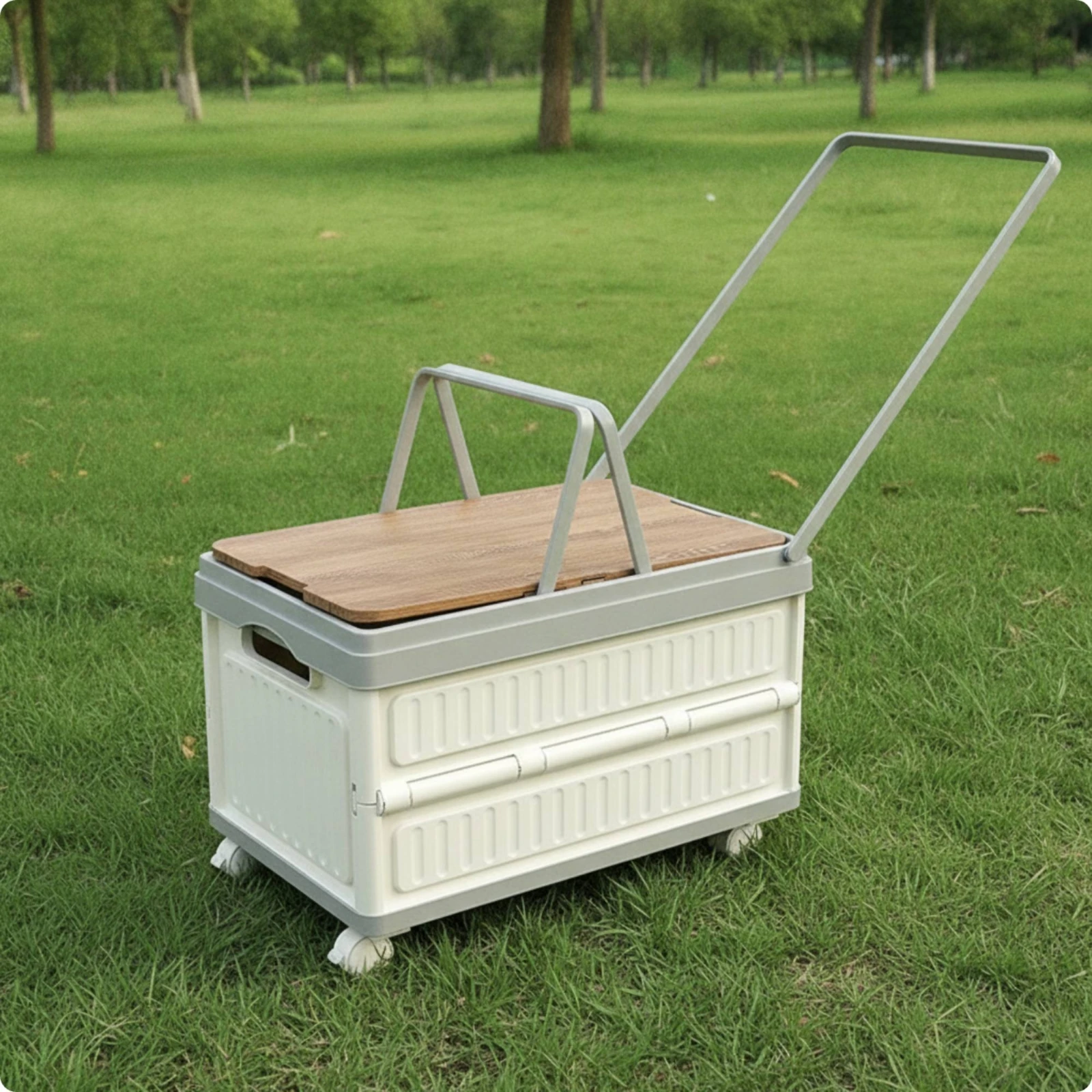 Rolling Storage Box with Wood Lid Rugged Wheeled Storage Chest with Handle Ergonomic Strong for Campers, Camping, Car Trunk
