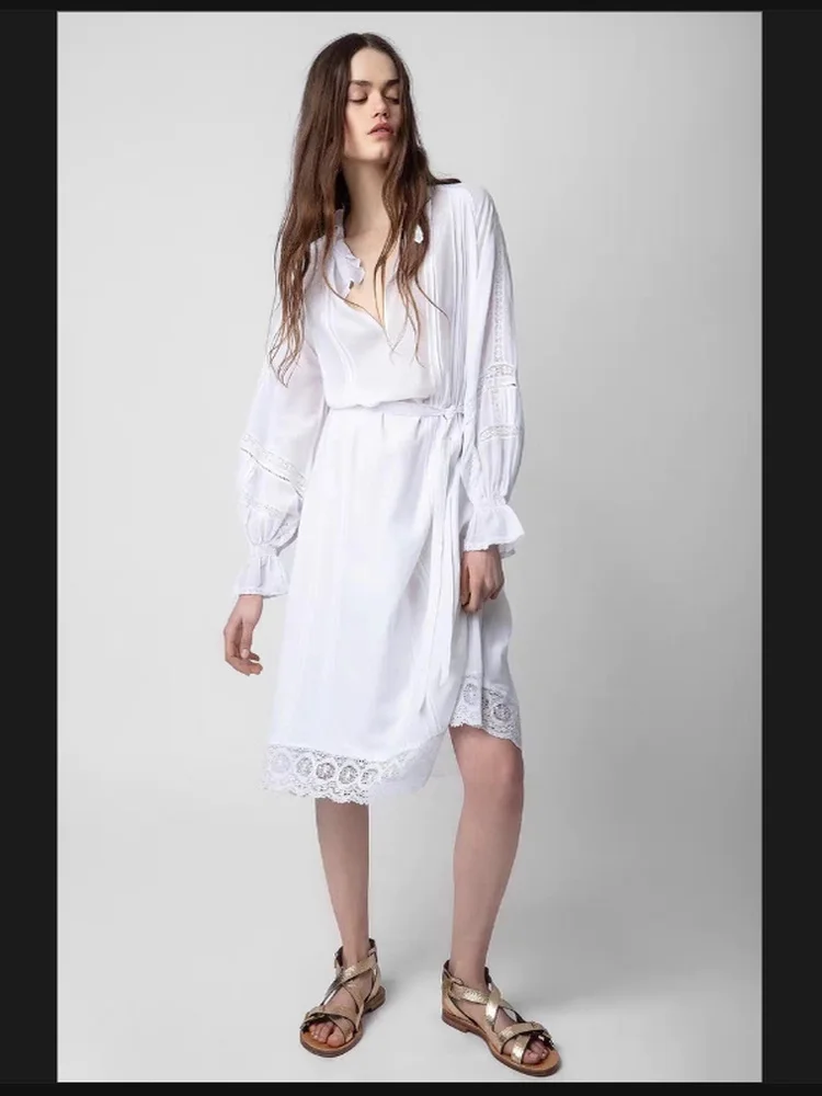 

Женское повседневное платье с кружевными вставками, расклешенными рукавами, поясом, чисто белое, с V-образным вырезом, длинными рукавами, H-образного силуэта, для ранней осени