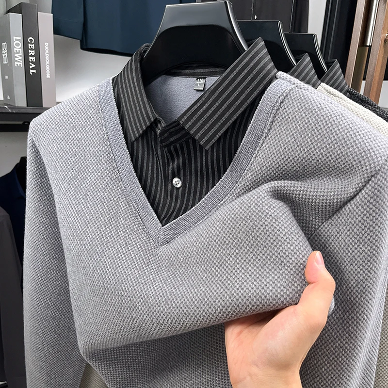 

Luxury Quality Men's Knitted Sweater Solid Color Simple Shirt Collar Fake Two-Piece Winter Versatile Commuting Casual Menswear