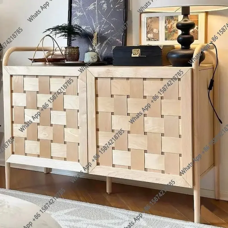 Xx Nordic Simple Solid Wood Braided Rattan Locker Log Color Dining Side Cabinet Nordic Style Multi-functional Storage Cabinet Bu