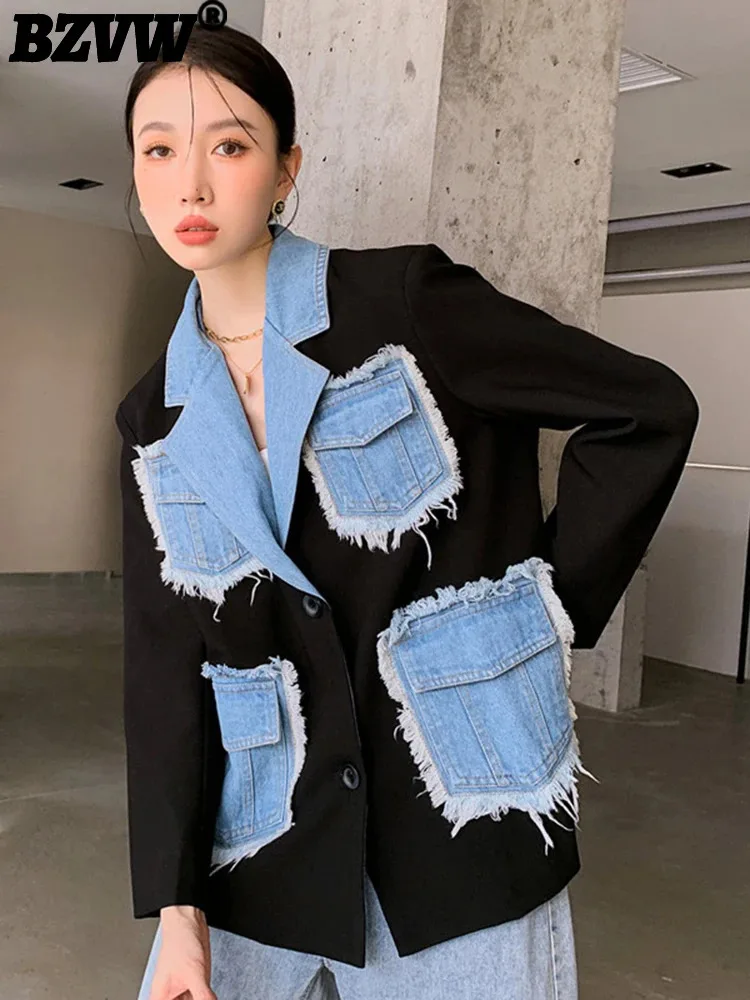 

BZVW Spliced Denim Pocket Designer Blazer For Women Coat 2024 New Tide Fashion Niche Novelty Spring Autumn Suit Jacket Female