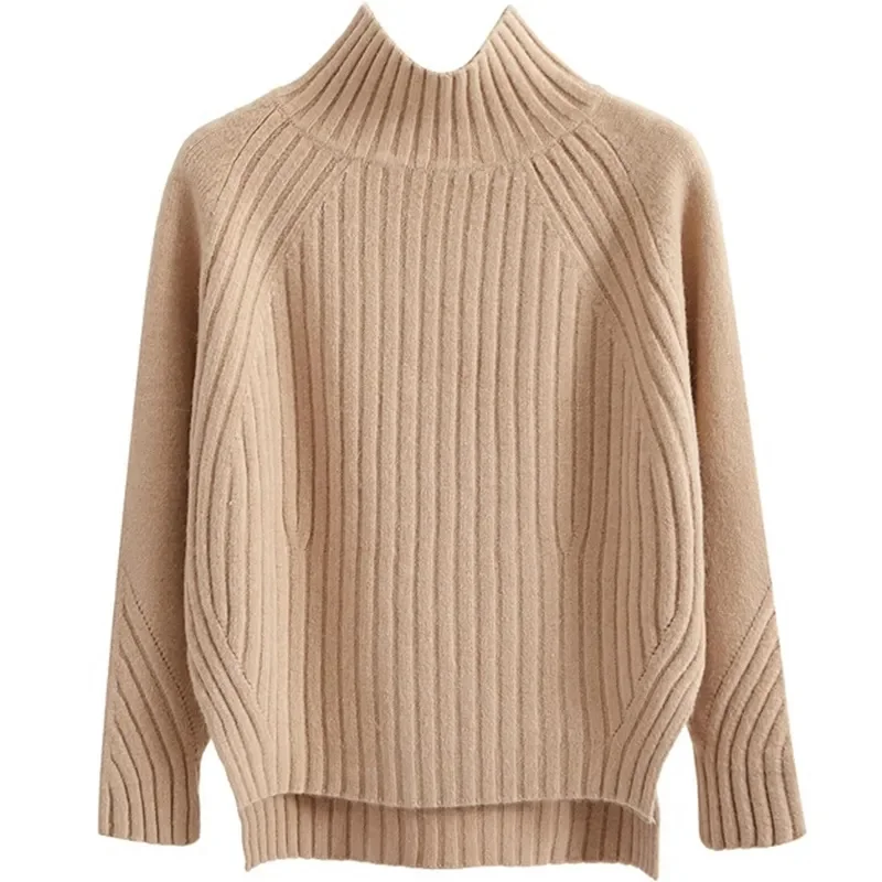 2024 Autumn Winter Women Solid Mock Neck Loose Pullover Sweaters Knit Split Stripe Jumpers For Women Casual Office Sweater