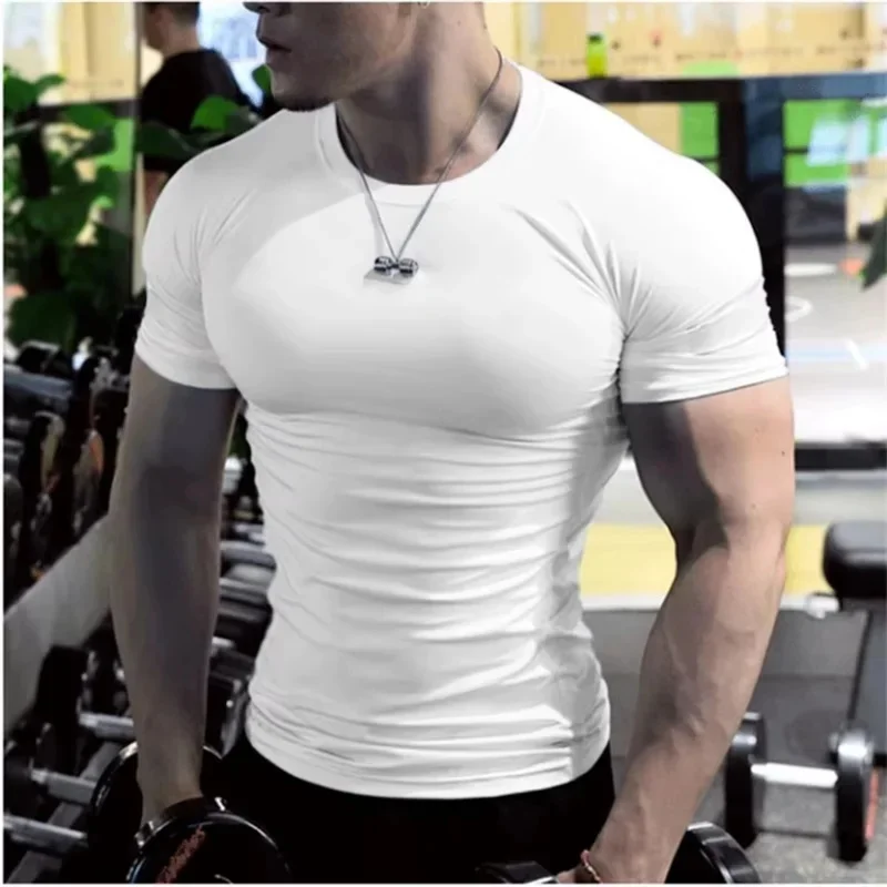 Men's Summer Compression T Shirt Solid Color Breathable Quick Dry Short Sleeve Athletic Gym Running Muscle Fit Sports Tee
