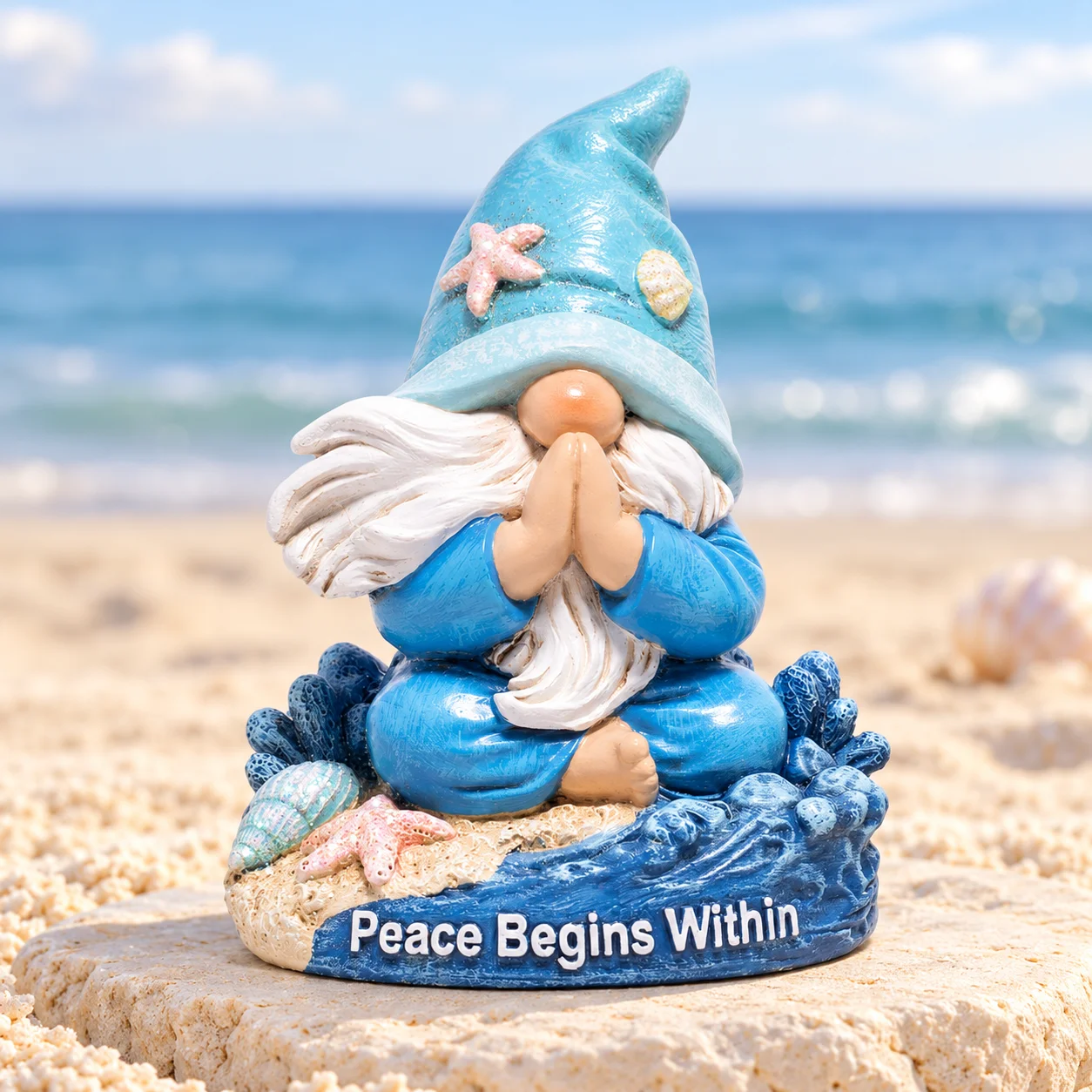 Hodao Coastal Meditation Gnome Figurine, Resin Yoga Statue with Starfish, Ocean Wave Base, Peace Begins Within, Beach Decor Gift