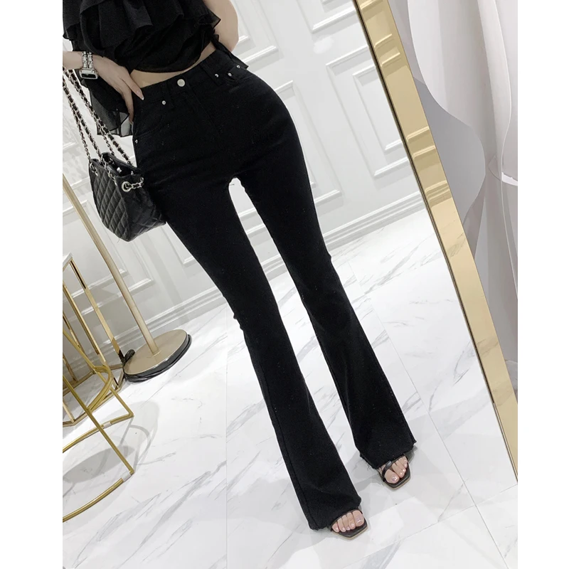 Sexy High Waist Bell Bottom Denim Jeans Women's Butt Lifting Milk White Simple Korean Lady Style Cotton Stretch Jeans