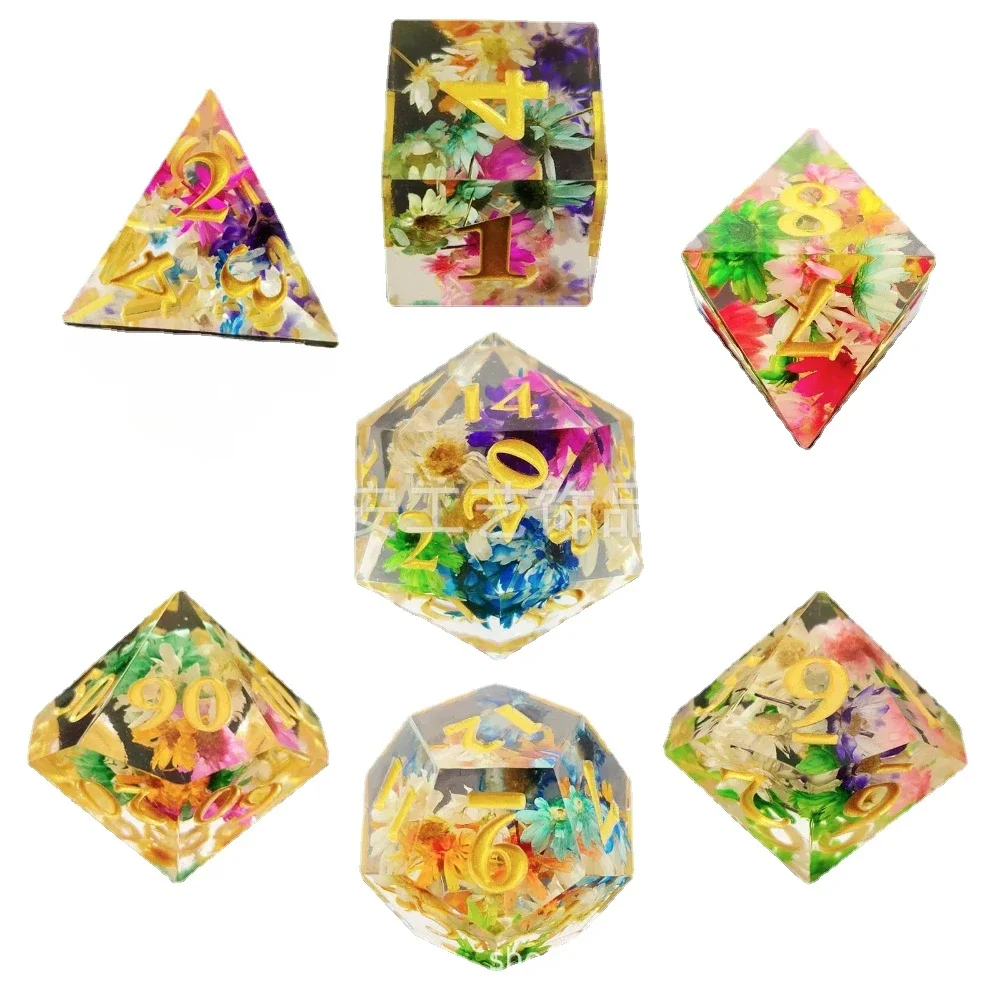 7 Pcs of New Colorful Gold Font Resin Leaf Dice Set with Flower for DND TRPG RPG D20 D12 D10 D8 D6 D4 Table Board Game Dices Kit