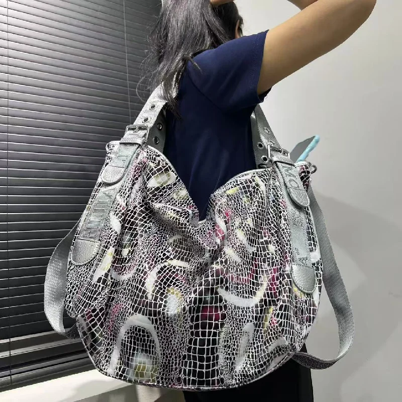 

Y2k Grunge Handbags Mesh Print Hobo Bag Retro Large Capacity Shoulder Tote Bags Adjustable Strap Crossbody Handbag for Women
