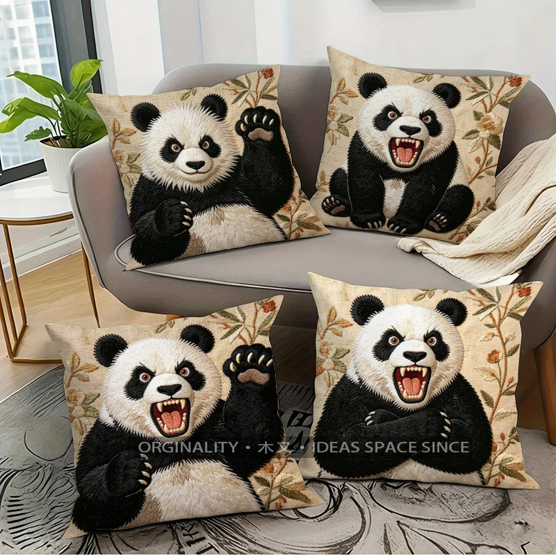 Vintage Embroidered Style Ferocious Panda Throw Pillow Covers Pattern Cushion Cover Suitable for Sofa Bedroom Car Pillow Cover