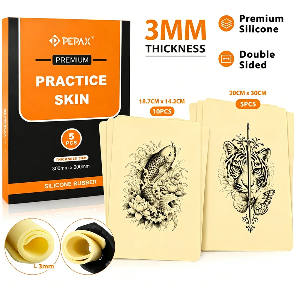 PEPAX Tattoo Practice Skin 3mm Silicone Double Sided Tattoo Fake Skin 2Sizes Training Skin with Storage Box for Artist Beginner