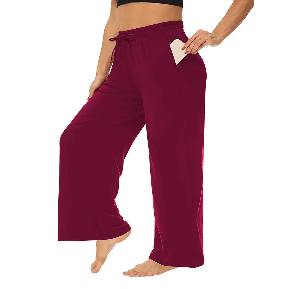 

European and American large size wide-leg straight casual pants with pockets women's 100kg new loose drawstring wide-leg pants