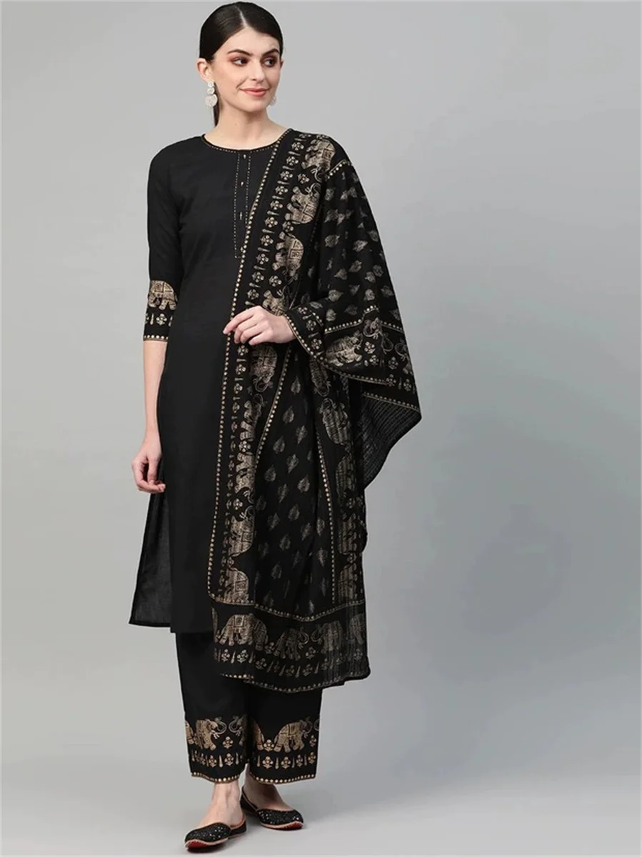 

Indian Punjabi 3-piece pure cotton hot stamping printed set, medium long round neck thin black