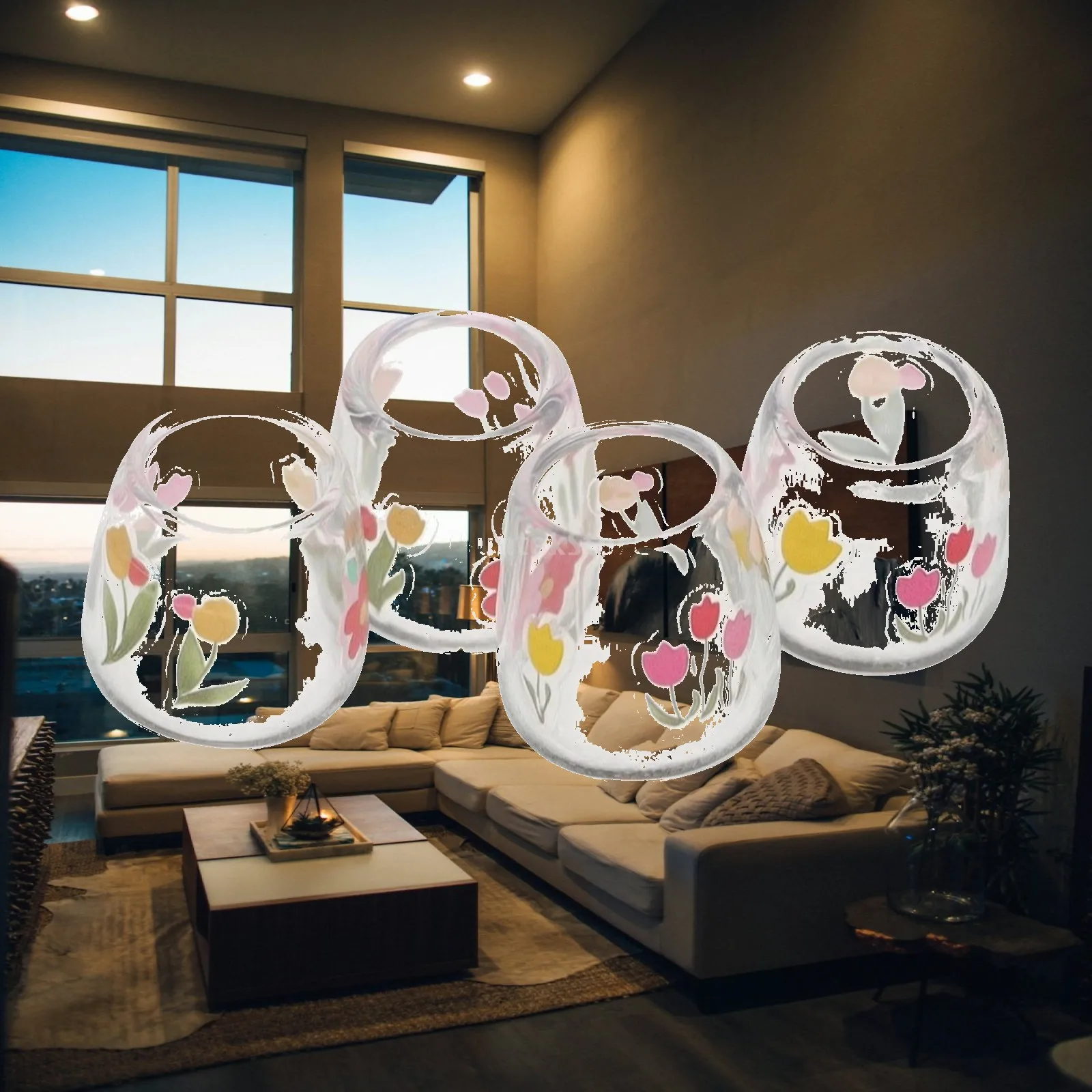 4 Pieces Miniature Glass Cup with Floral Decoration Tiny Miniature Transparent Glass Cup Colorful Simulated