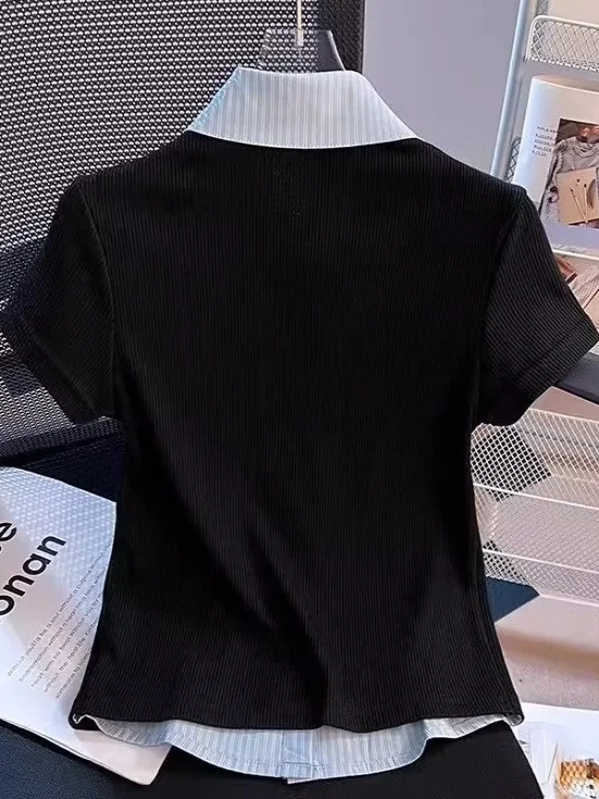 スリムフィットまたはスベイート レディース サマーデザイン ショルダーパッド入り フェイクツーピース スタイル 韓国風 通勤 スタイル カラー