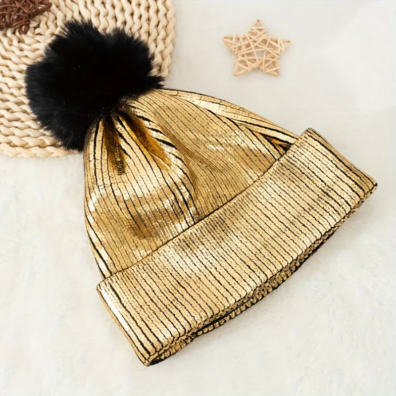 Women Autumn/Winter Student Warm Ball Knitted Hat European Style Golden/Silvery Foil Stamping Korean Versatile Pullover Beanie