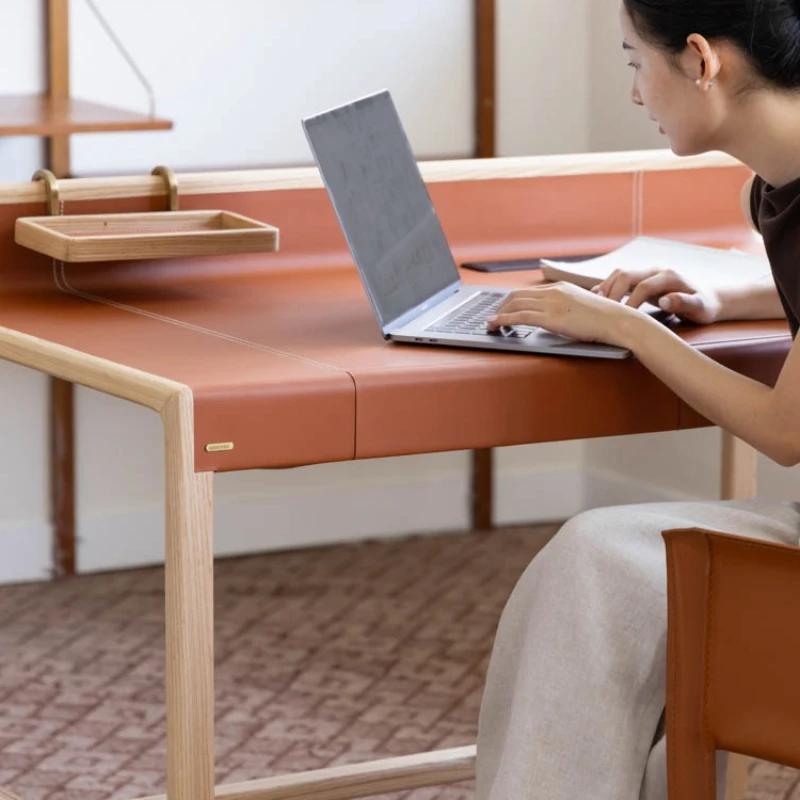 

White wax wood desk, saddle leather, minimalist home computer desk