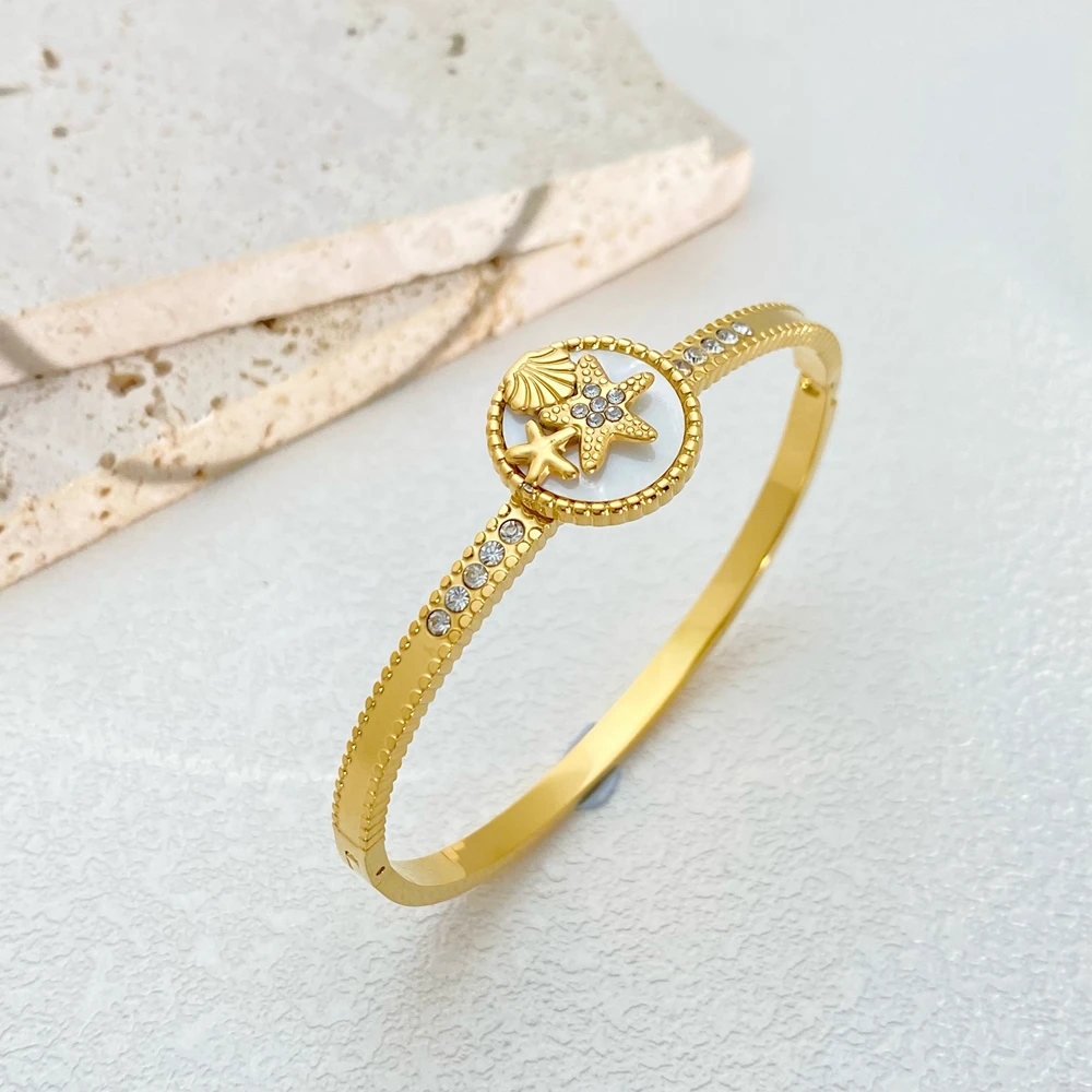 

New Trendy Starfish Scallop Stainless Steel Open Bangle Bracelet for Women Bohemia Geometric Golden Bangle Summer Beach Jewelry