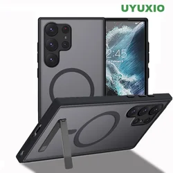Strong Magnetic Mobile Phone Case with Kickstand for Samsung Galaxy S25 S24 Ultra Plus S23 S22 Cases with Stand Black Cover