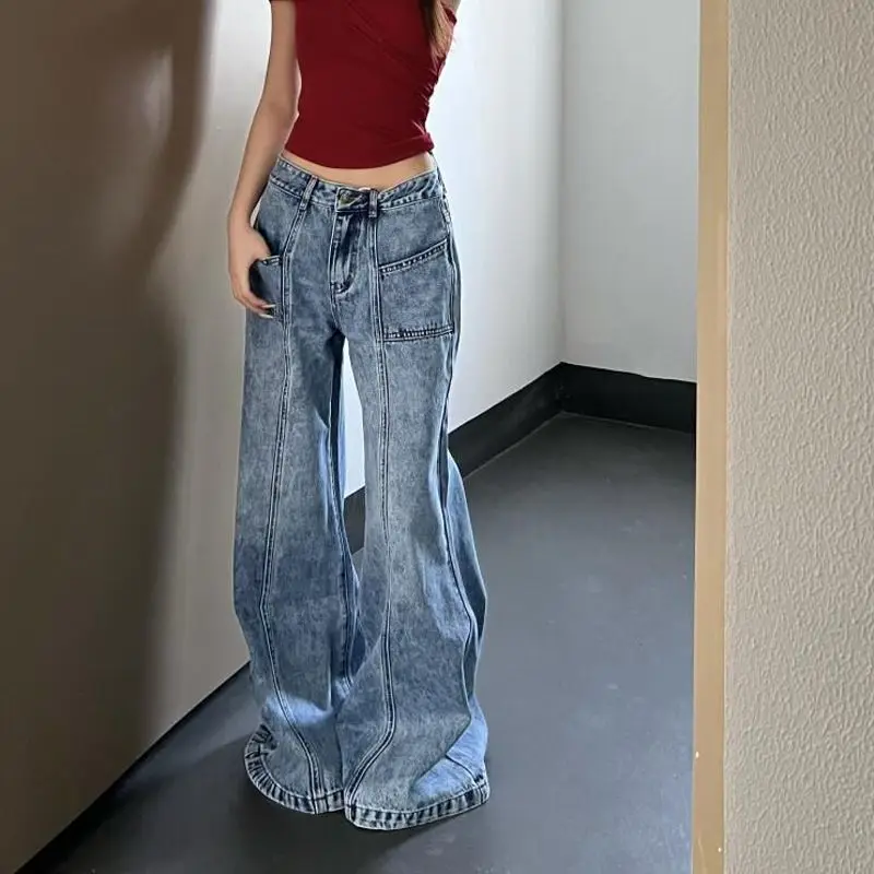 Make Old Spliced Wide-Leg Jeans Retro High Waist Denim Trouser Women Baggy Vintage Casual Pants Contrast Color High Street Jeans