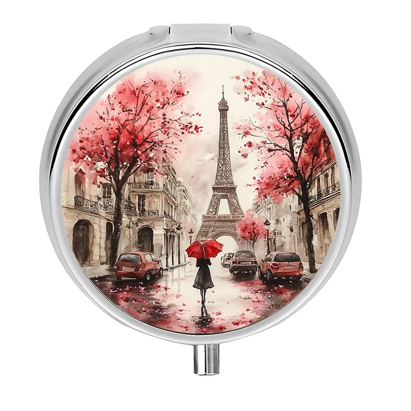 1 Paris Eiffel Tower Pill Box - 3-compartment metal pill organizer with French theme, designed with cherry blossoms and a French lady (pink umbrella), mini travel-friendly pill box, unique gift (Eiffel Tower replica style)