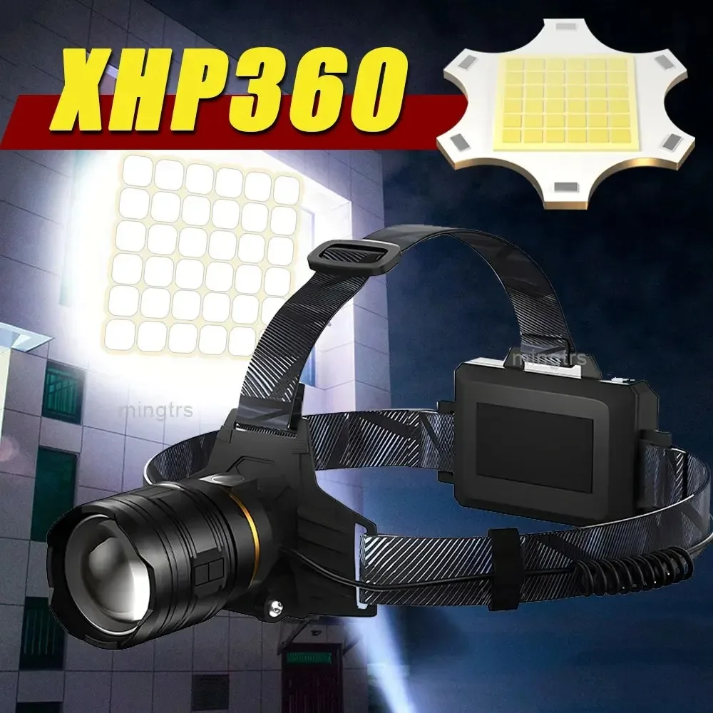 Мощный налобный фонарь XHP360 LED с зумом, 36 светодиодов, перезаряжаемый, на аккумуляторе 18650, регулируемый, яркий, для рыбалки, кемпинга, походов