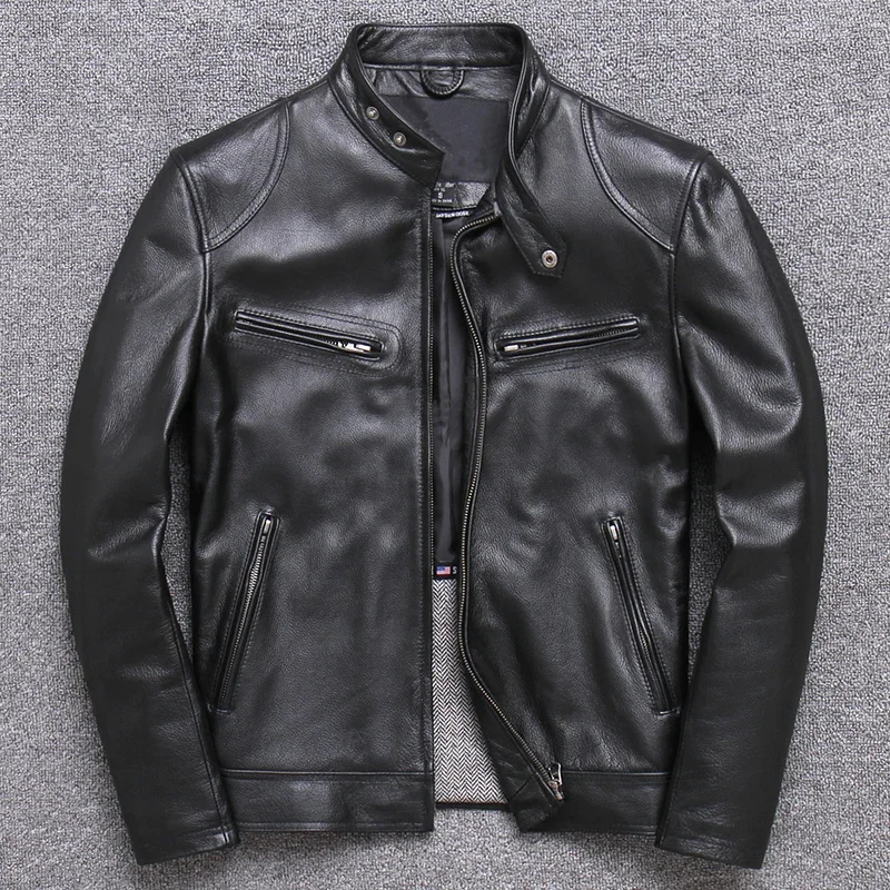 YR!Free shipping.Wholesales.Brand motor style leather jacket for man.black genuine cow coat.slim classic biker