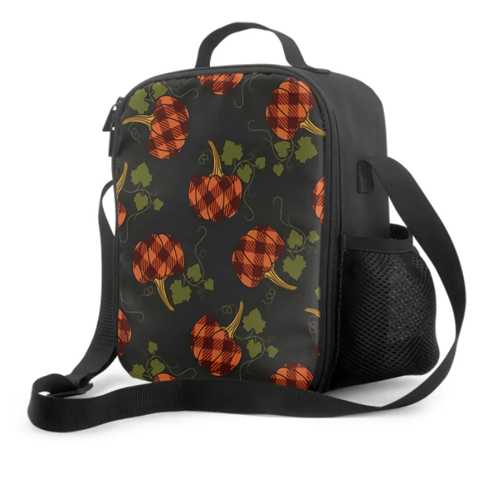 

Fall Checkered Pumpkins Lunch Box Women Lunch Bag with Water Bottle Holder Kids Cooler Bag Insulated Lunchbox for Boys Girls