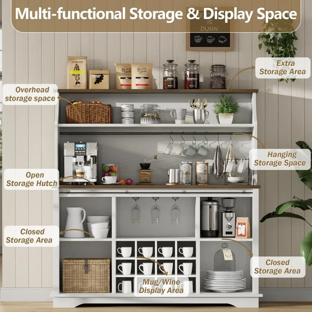 55" Bar Cabinet with 3-Tier Storage, Kitchen Hutch Storage Cabinets, Wine Bar Cabinets with 12 Wine Racks & Hutch Cabinet