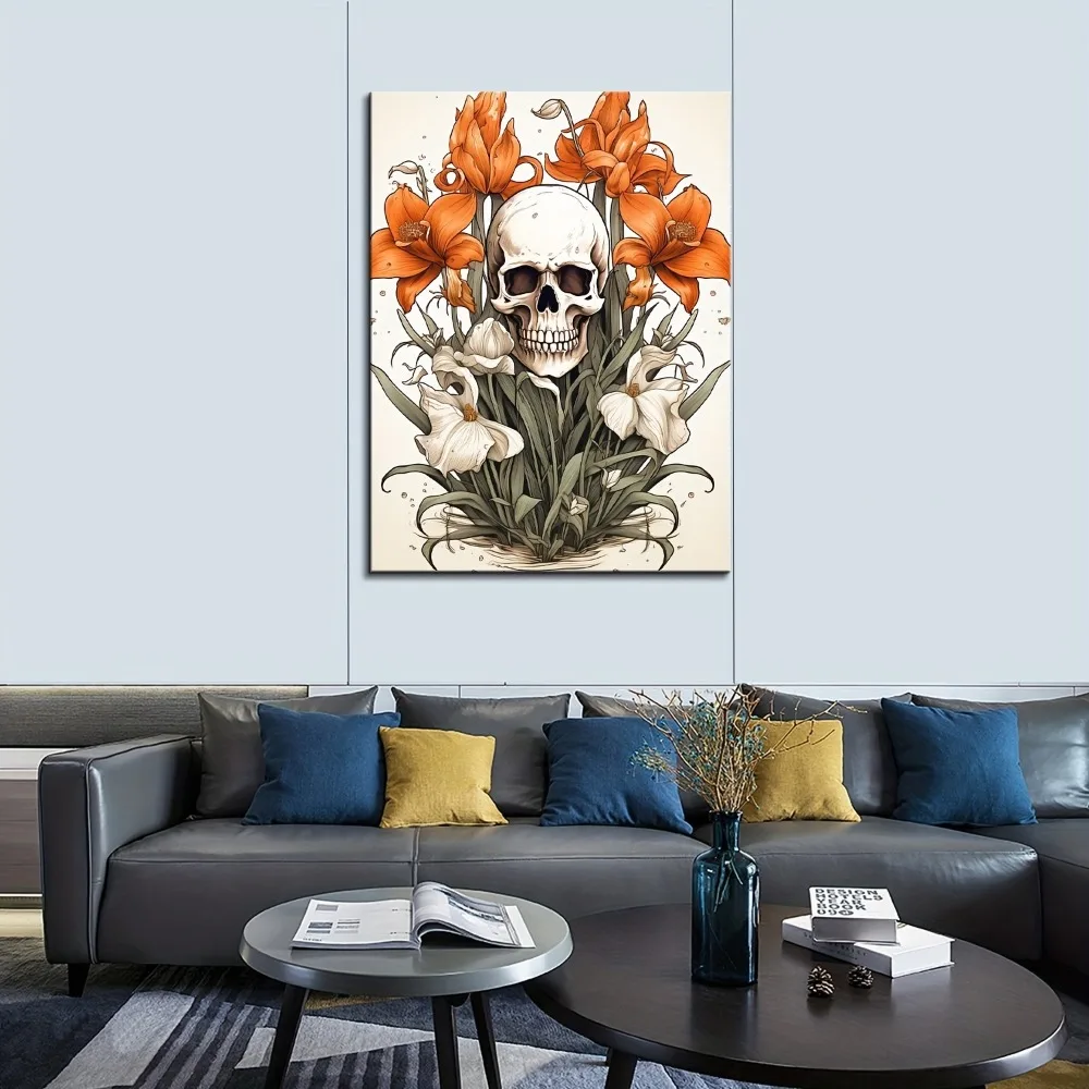 1,5-Zoll-Massivholzrahmen, gruselige Totenkopf-Reben und Blumen, perfekt für Schlafzimmer, Heimdekoration