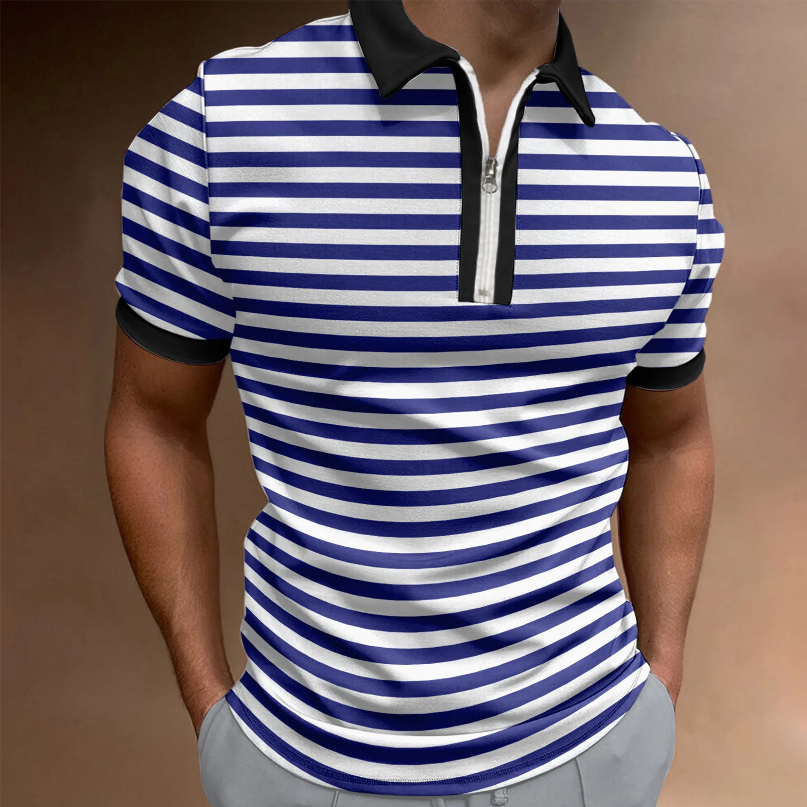 Male Summer Striped Splice Print T Shirt Turn Down Short Sleeve Tops T Shirt Graphic Aesthetic