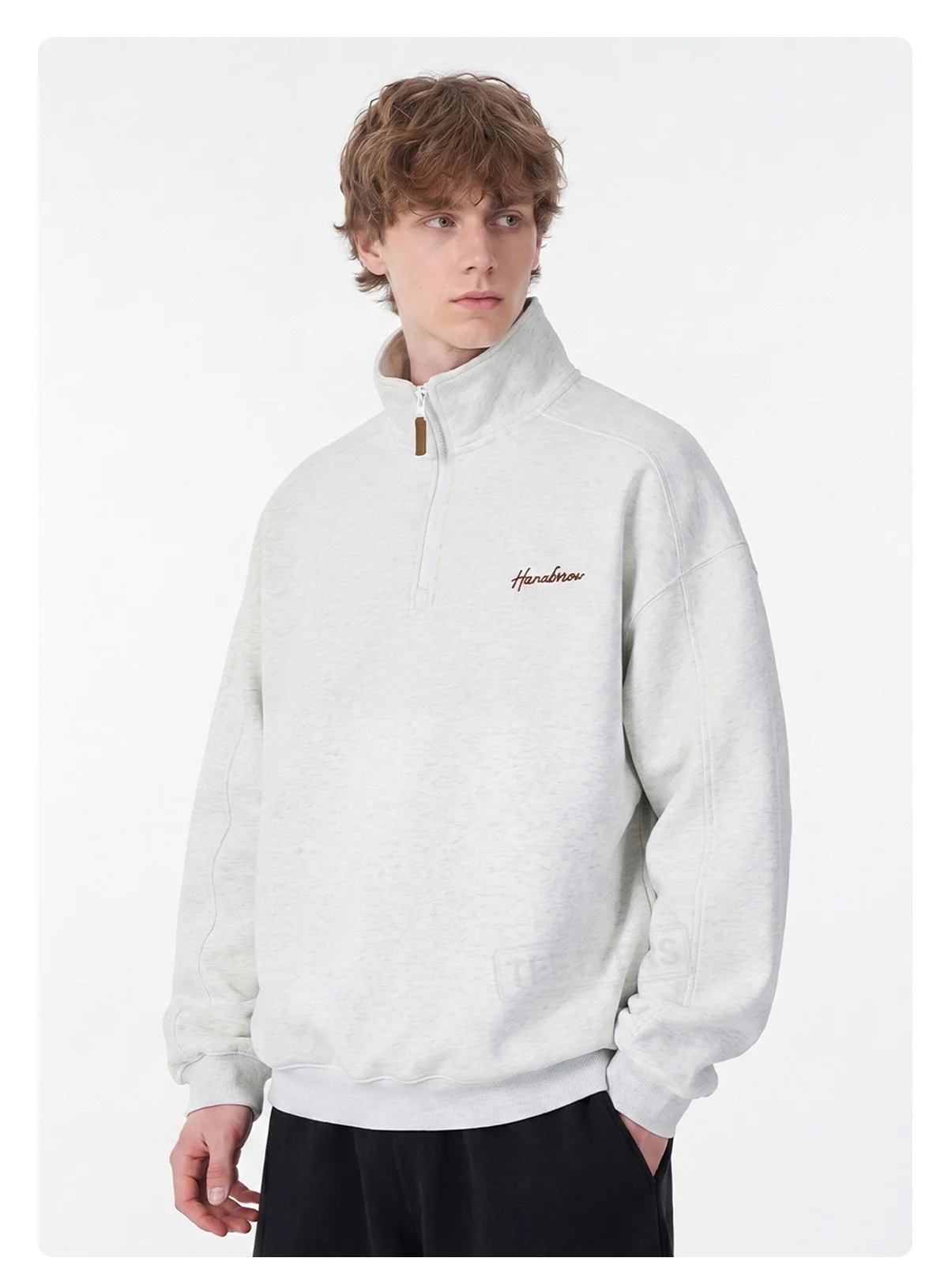 TFETTERS Fall Loose Cotton Half Zip Sweatshirt for Men Heather Gray Stand Collar Minimal Embroidered Casual Tops for Man EU SIZE