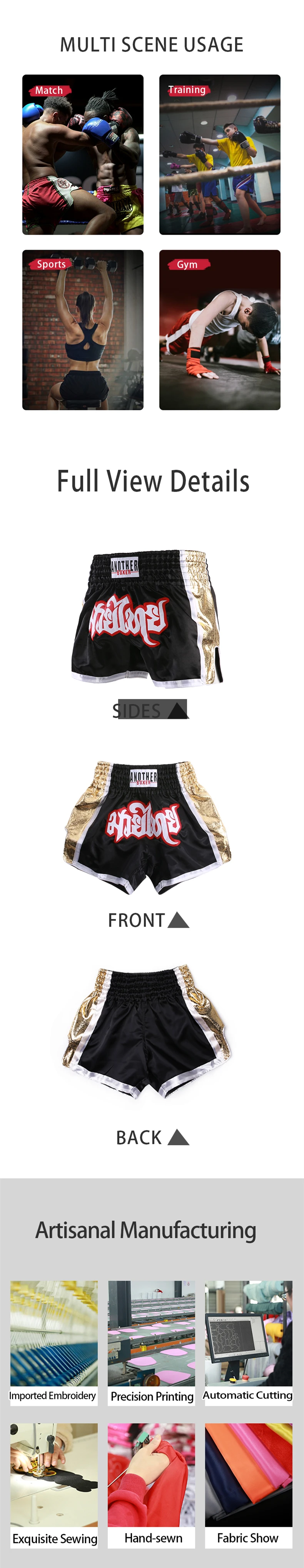 Muay Thai Shorts für Herren, Damen und Kinder, Boxtraining, Kickboxen, Bestickte Gym-Hosen, Kampfsport, Grappling-Training, MMA-Bekleidung – Detail 6