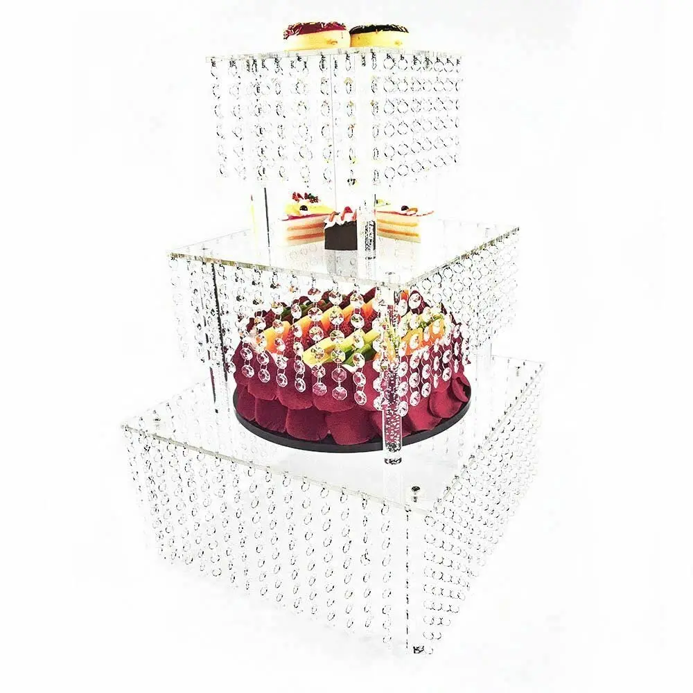 

3-х уровневая прозрачная акриловая подставка для торта с кристаллами и бисером, башня для кексов, тарелка для десерта, квадратная люстра, набор пол для торта с