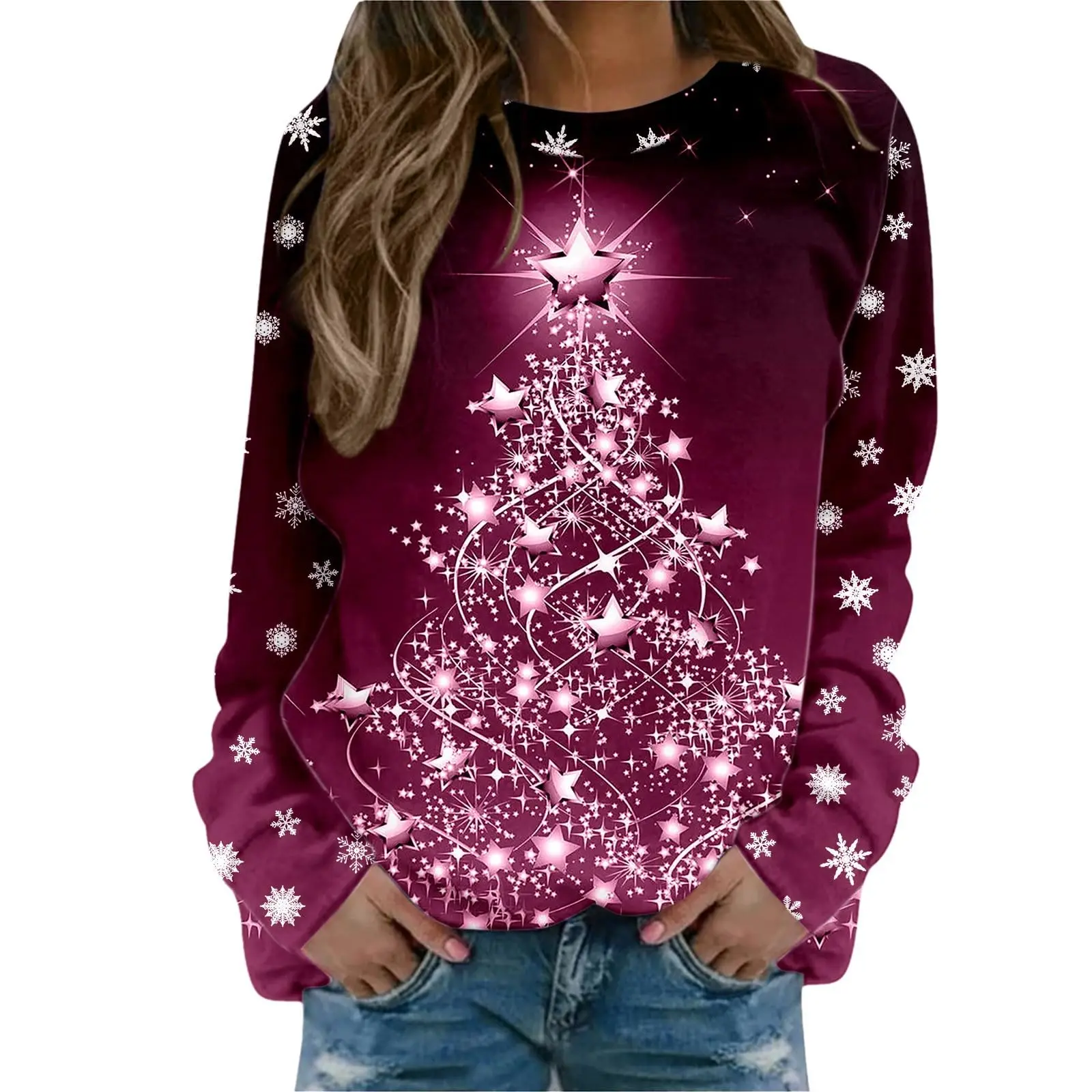 Women\'s Sweatshirt Designer Round Neck Long Sleeve Fashion Casual 3D Stitching Sleeves Christmas Tree Pattern Printed Top