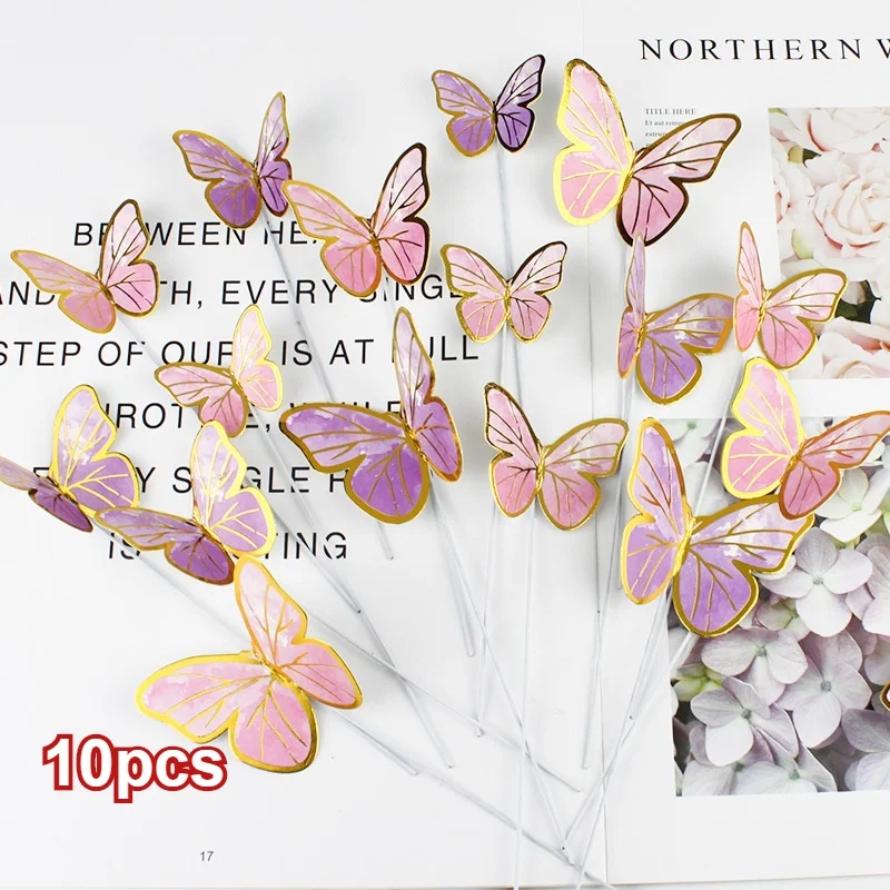 10pcs Colorful Gilt Edged Butterfly Cake Topper Happy Birthday Cake Decorations Wedding Bride Dessert Party Decor