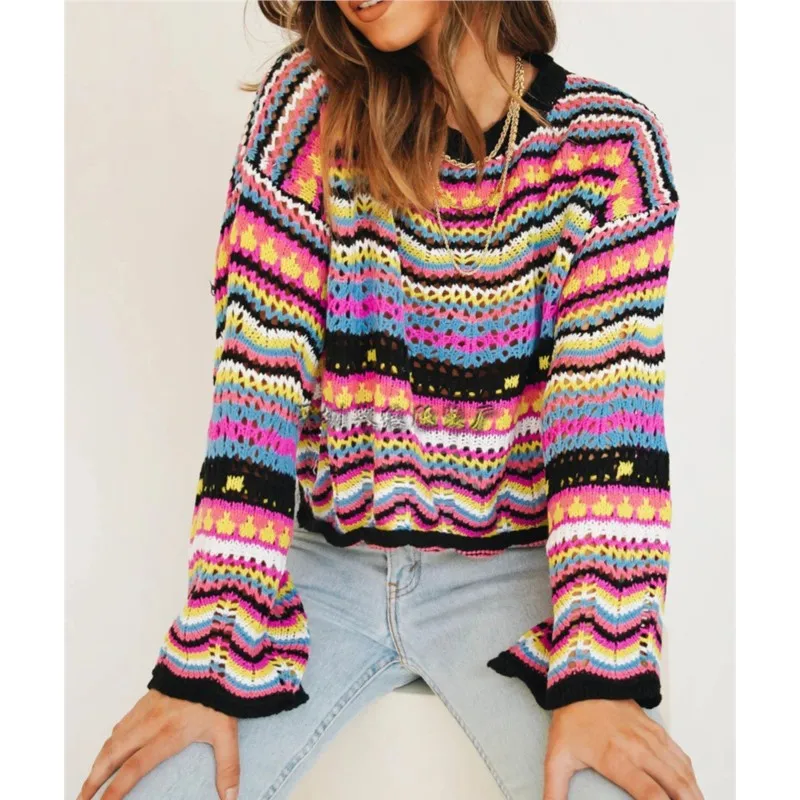 Fashion Color Stripe Knitted Sweaters Women Trendy Patchwork Hollow Out Pullover Sweater Female Autumn Winter Commuting Clothing