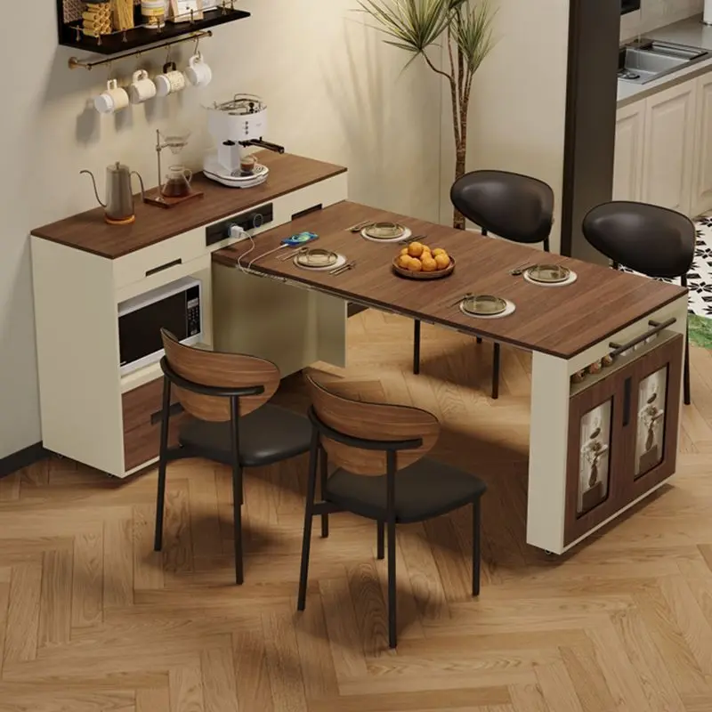 Island dining table integrated telescopic solid wood small apartment household folding multi-functional 15 tea dining table