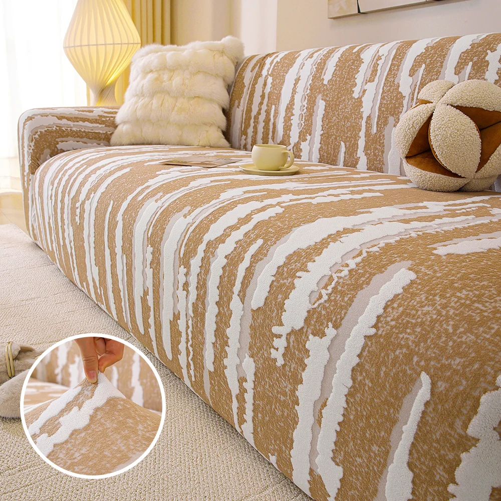 Stripe Pattern Sofa Cover Fully Dust-Proof Protective Machine Washable Highly Elastic Pet-Friendly Living Room Decor
