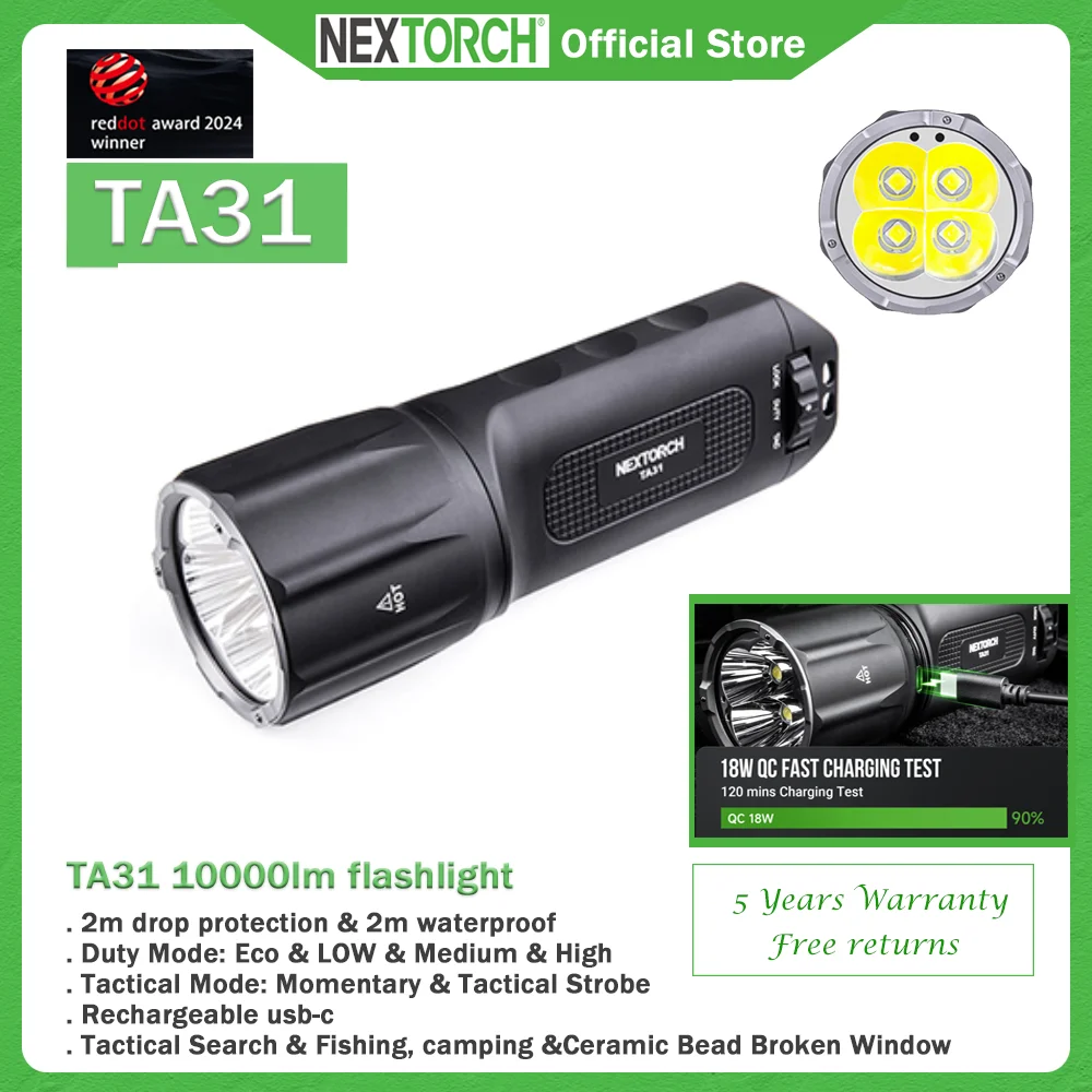 NEXTORCH TA31 10000 lumens Strong ultrabright flashlight , high power tactical flashlight , usbc camping, rechargeable