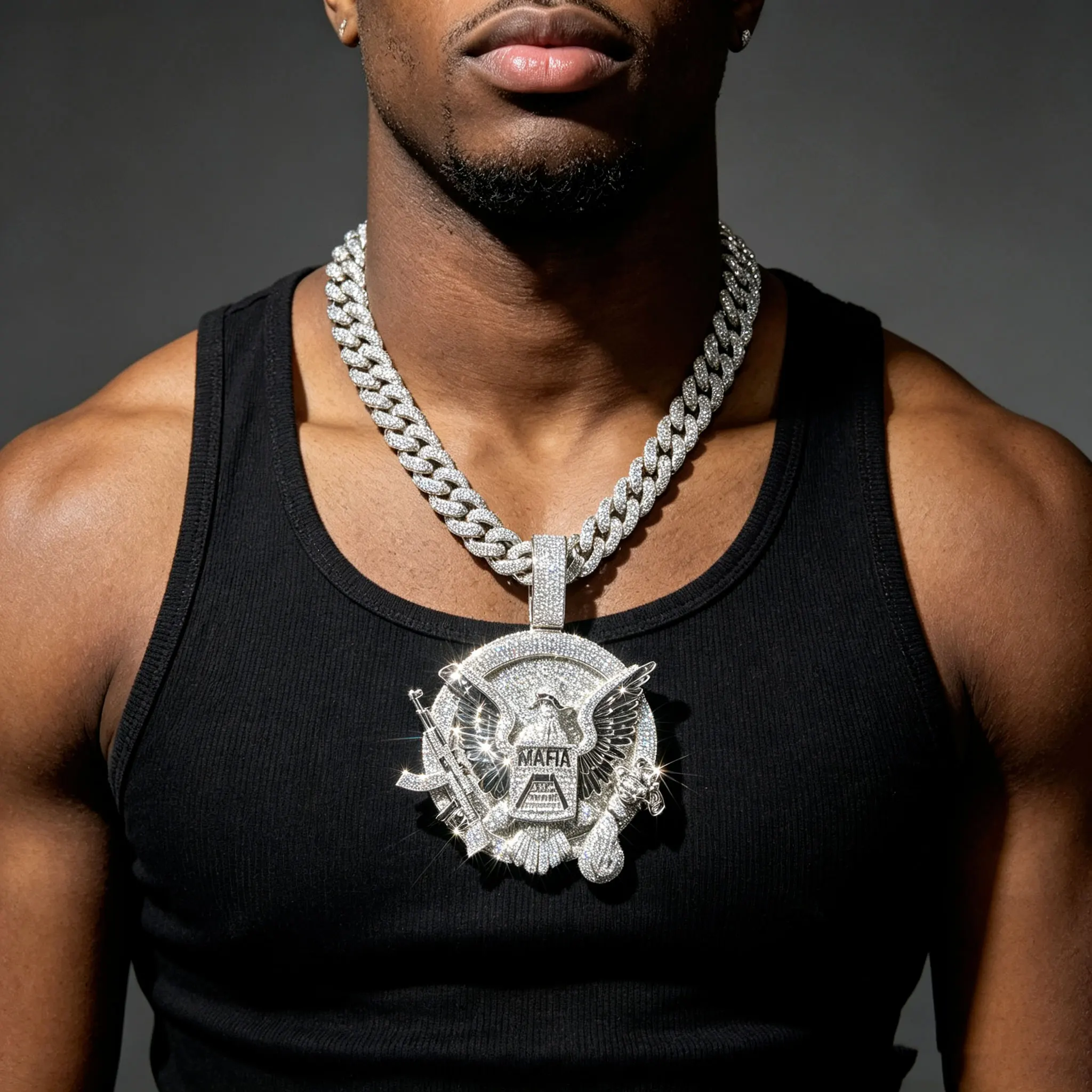 Iced Out MAFIA Eagle Wing Round Pendant Rose Gold Silver Two Tone Full Micro Pave CZ Zircon 3D Gun Pattern Charm Hip Hop Bling Statement Necklace Men Rapper Street Jewelry Gift