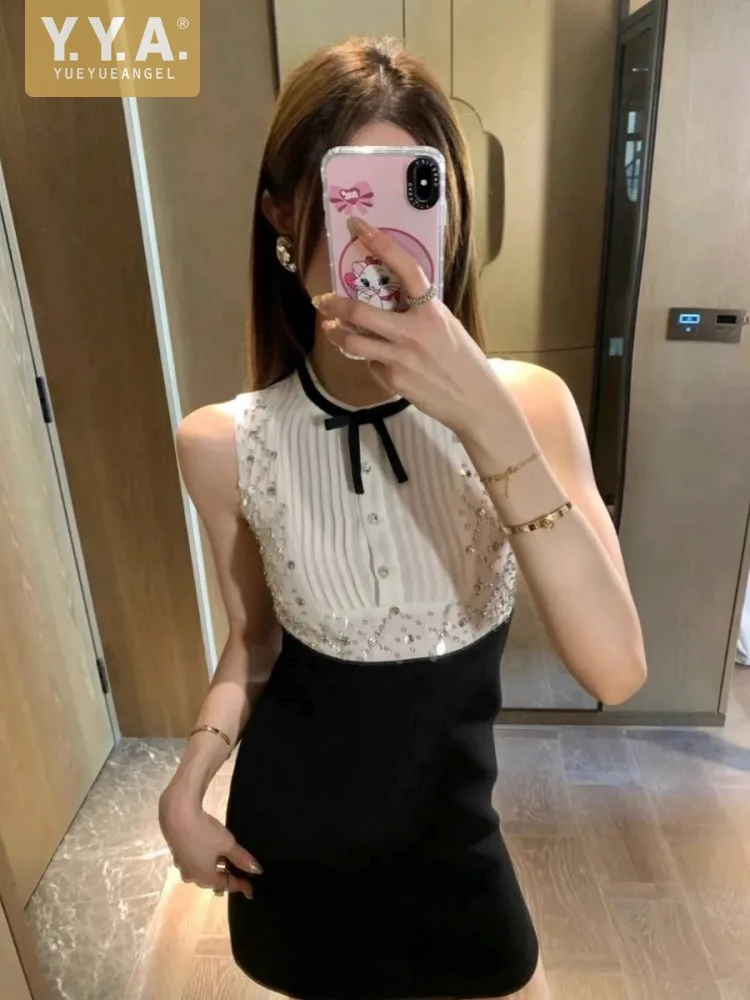 Summer Women Shiny Sequined Beading Tank Dress Spliced Bowknot Elegant Sleeveless Sundress Birthday Party Slim Fit Mini Dress