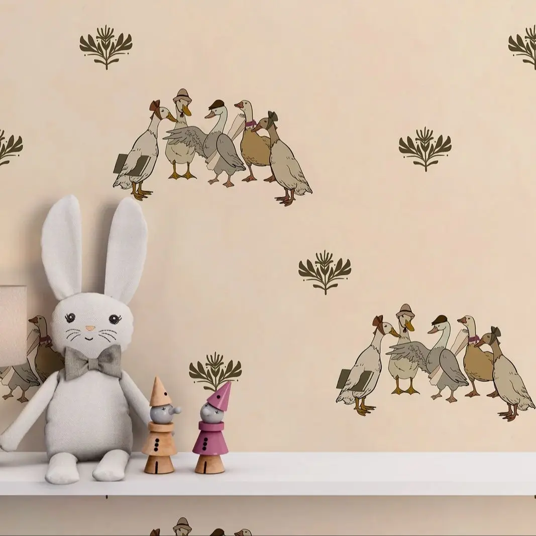 Retro Ducks Wallpaper ,Peel and Stick Or Tradition Un-paste Wallpaper, Renter Friendly Wall Decor Whimsical Vintage Floral Mural