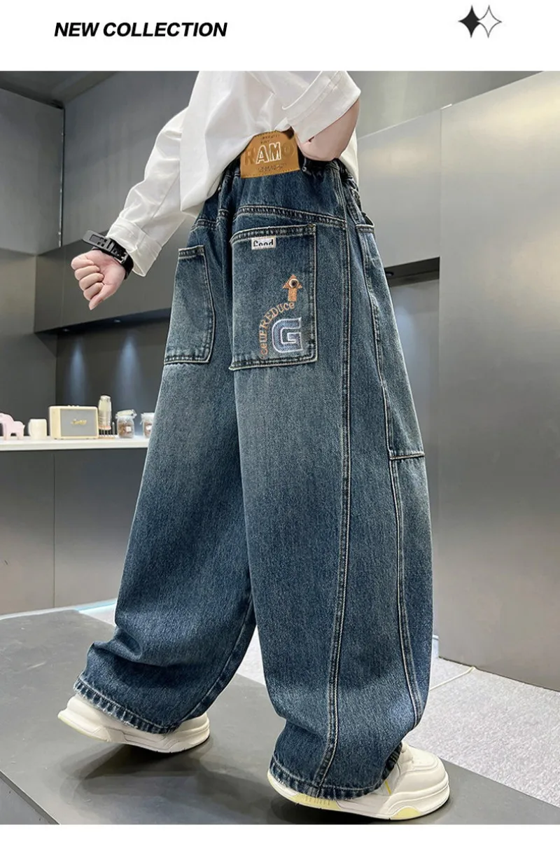 2026 Kinder-Jungen-Jeans UNITIM Herbst Kinder Jungen Gerade Denim-Hosen Lose Elastische Taille Junge Teenager Jungen Weite Hosen – Detail 9